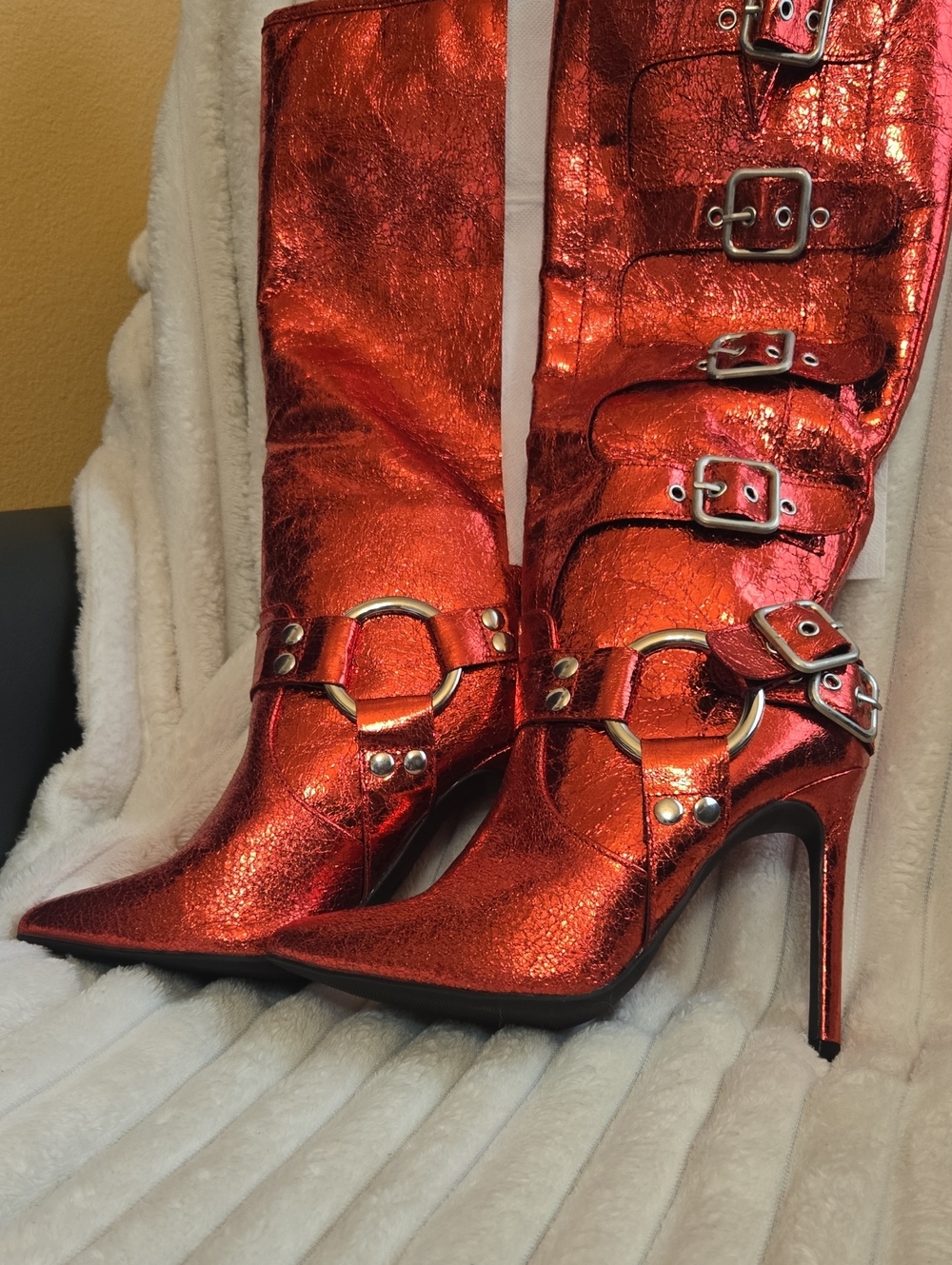 Women's Metallic Red Stiletto Buckle Boots
